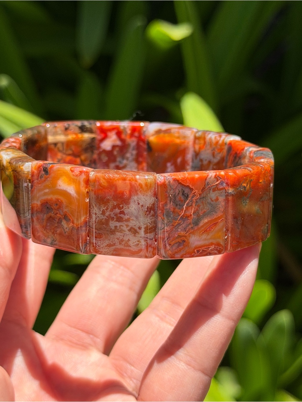 Natrural wide red moss agate stretch soft bangle 1848